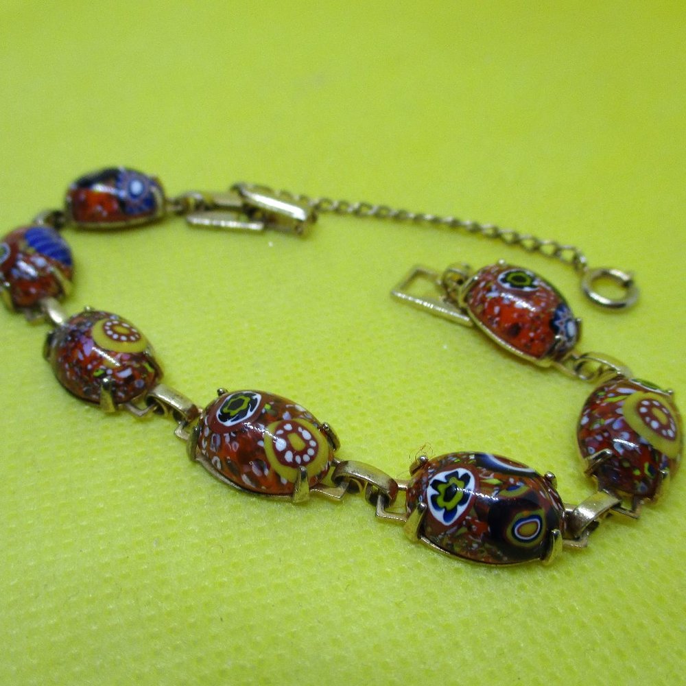 Vintage MILLEFLEUR Bracelet Gold Tone Metal Oval Sectional Insert W Safety Chain